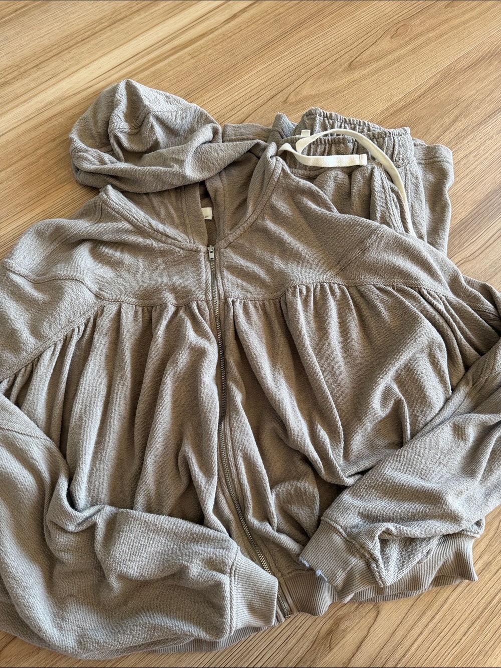 aerie Taupe Zippered Gathered Hoodie